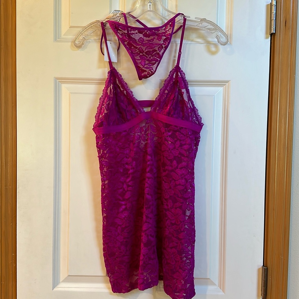 In Bloom hot pink sheer lace chemise with matching thong